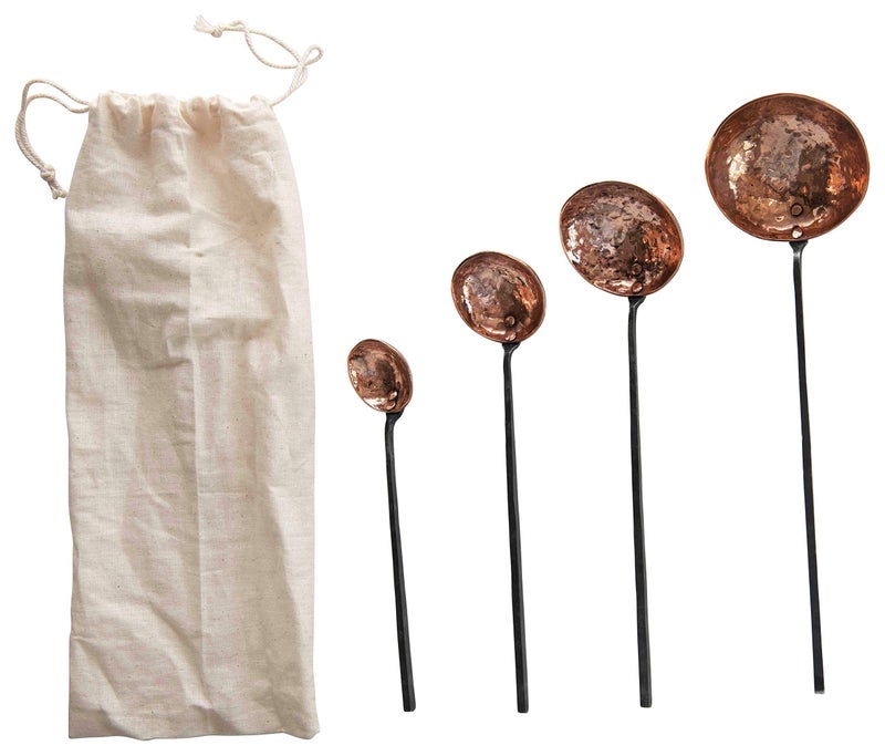 Creative Co-Op Farmhouse Textured Copper Ladles with Metal Handles, Set of 4 Sizes in Drawstring Bag - Image 4